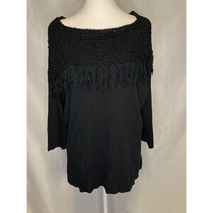 Black Fringed Crochet Sweater XL Off Shoulder Pull Over Boho Whimsigoth Goth